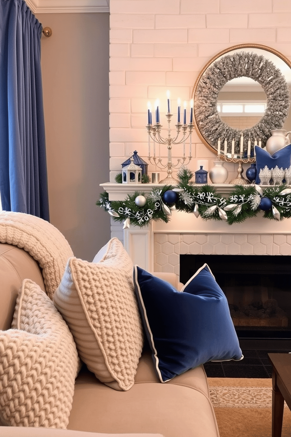 Layered textures create a cozy and inviting living space. Soft velvet and chunky knit fabrics are combined with an array of decorative pillows in various shapes and sizes, enhancing the overall warmth of the room. For a festive Mantel Hanukkah display, incorporate traditional blue and silver elements. Adorn the mantel with a beautiful menorah, surrounded by decorative dreidels and shimmering garlands, creating a joyful holiday atmosphere.