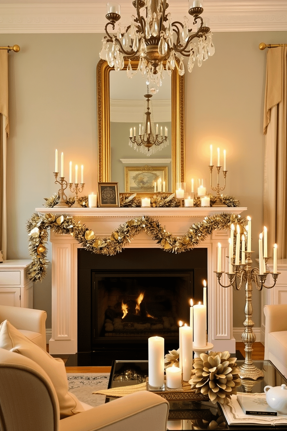 A cozy living room adorned with gold and silver accents, featuring an elegant mantelpiece decorated for Hanukkah. The mantel is draped with shimmering garlands, and various menorahs are artfully arranged alongside festive candles, creating a warm and inviting atmosphere.