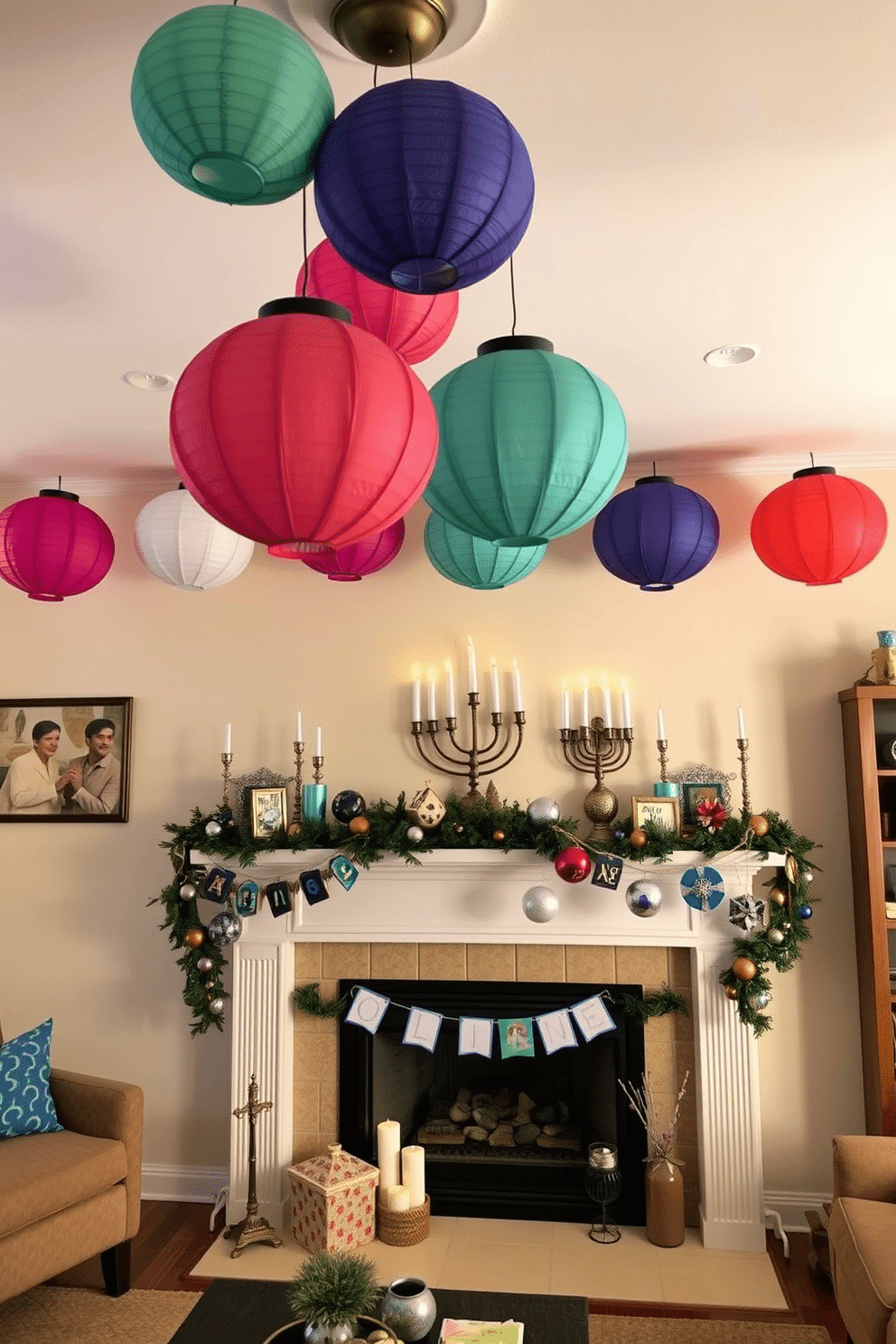 A cozy living room adorned for Hanukkah, featuring colorful paper lanterns hanging gracefully above the mantel. The mantel is decorated with a festive display of menorahs, dreidels, and garlands, creating a warm and inviting atmosphere.