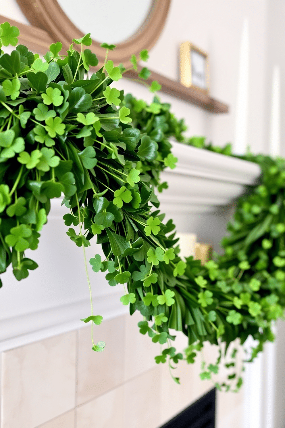 A cozy mantel decorated for St. Patrick's Day, featuring a lush green garland intertwined with vibrant shamrock accents. The garland drapes elegantly across the mantel, complemented by small, decorative gold and white candles placed strategically among the shamrocks.