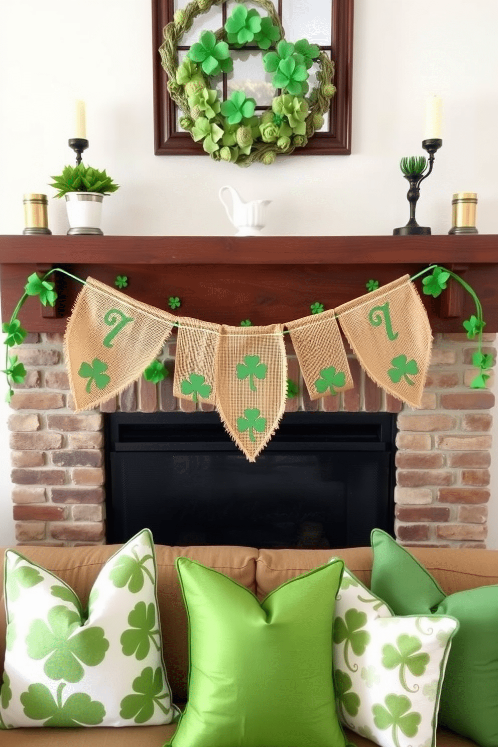 A charming mantel decorated for St. Patrick's Day features a shamrock burlap banner draped elegantly across the front. The banner is adorned with vibrant green shamrocks, adding a festive touch to the rustic wooden mantel. On either side of the banner, there are decorative elements like small potted shamrock plants and gold-accented candles. A cozy arrangement of green and white pillows on the nearby seating completes the festive atmosphere, inviting warmth and celebration.