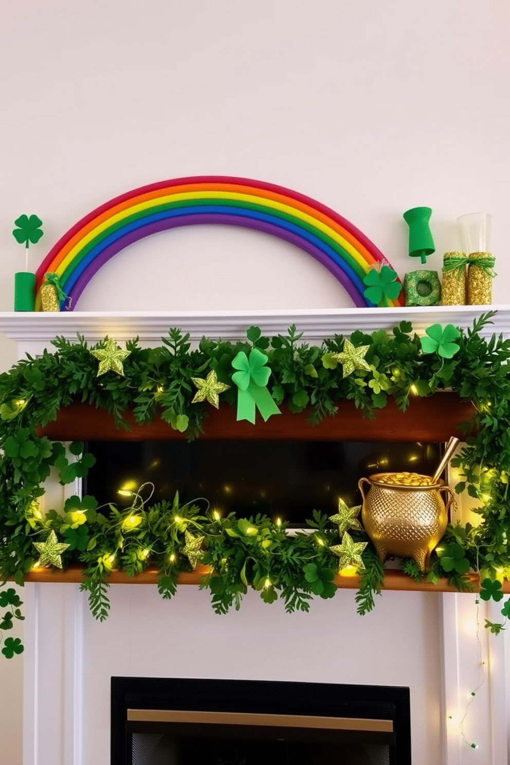 A vibrant mantel decorated for St. Patrick's Day features an array of green and gold accents. A colorful rainbow stretches across the top, while a shimmering pot of gold sits at one end, surrounded by lush green foliage and twinkling fairy lights.