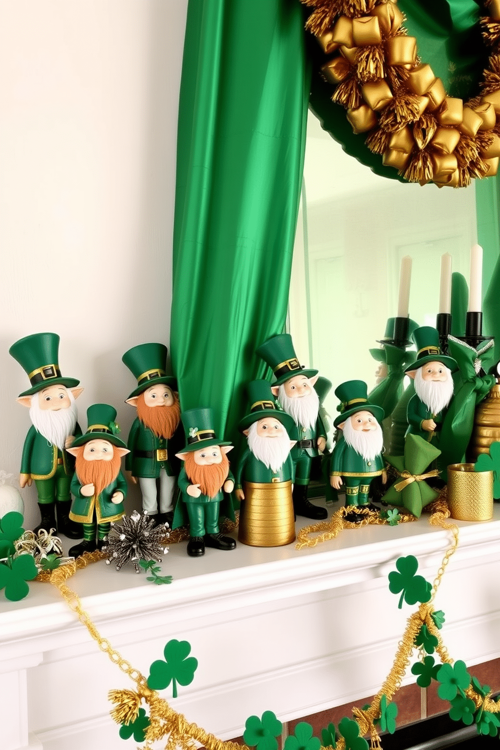 A charming mantel decorated for St. Patrick's Day features a collection of whimsical leprechaun figurines in various poses, each adorned with vibrant green attire and playful hats. The backdrop is a rich emerald green fabric, draped elegantly, while golden accents and shamrock decorations add a festive touch, creating a warm and inviting atmosphere.