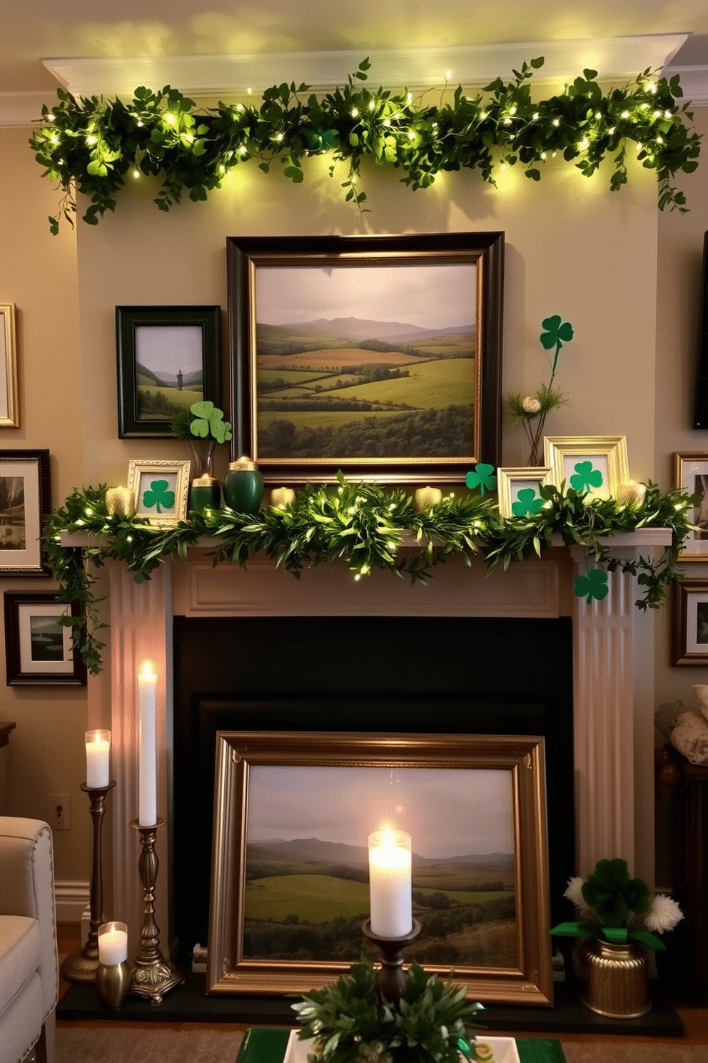 A cozy living room setting adorned with Irish-themed picture frames, showcasing vibrant landscapes and traditional Irish motifs. The mantel is decorated with a mix of green and gold accents, including shamrocks and small pots of gold, creating a festive atmosphere for St. Patrick's Day. Above the mantel, a garland of fresh greenery intertwines with twinkling fairy lights, enhancing the warm ambiance. On the mantel, candles of varying heights add a soft glow, while a large framed picture of a scenic Irish countryside serves as a focal point.