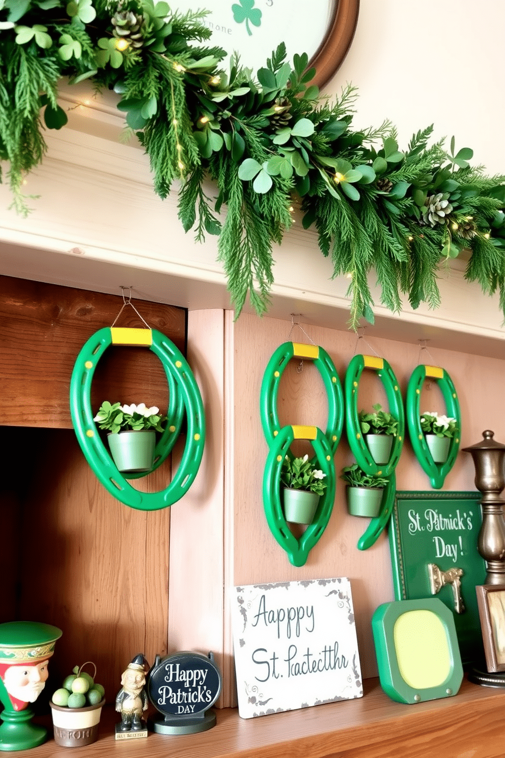 A charming display of lucky horseshoes arranged on a rustic wooden mantel. The horseshoes are painted in vibrant green and gold, accented with small pots of shamrocks and twinkling fairy lights for a festive St. Patrick's Day vibe. Above the mantel, a garland of greenery and gold accents drapes elegantly, complementing the horseshoe arrangement. A collection of vintage Irish-themed decor pieces, like a small leprechaun figurine and a 