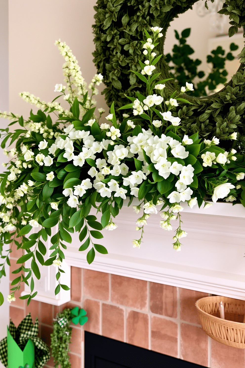 A charming mantel adorned with lush green and white floral arrangements, featuring delicate blossoms and vibrant leaves that evoke a fresh spring ambiance. Accentuating the display are subtle hints of gold, with decorative elements like small candles and festive St. Patrick's Day accents, creating a warm and inviting atmosphere.