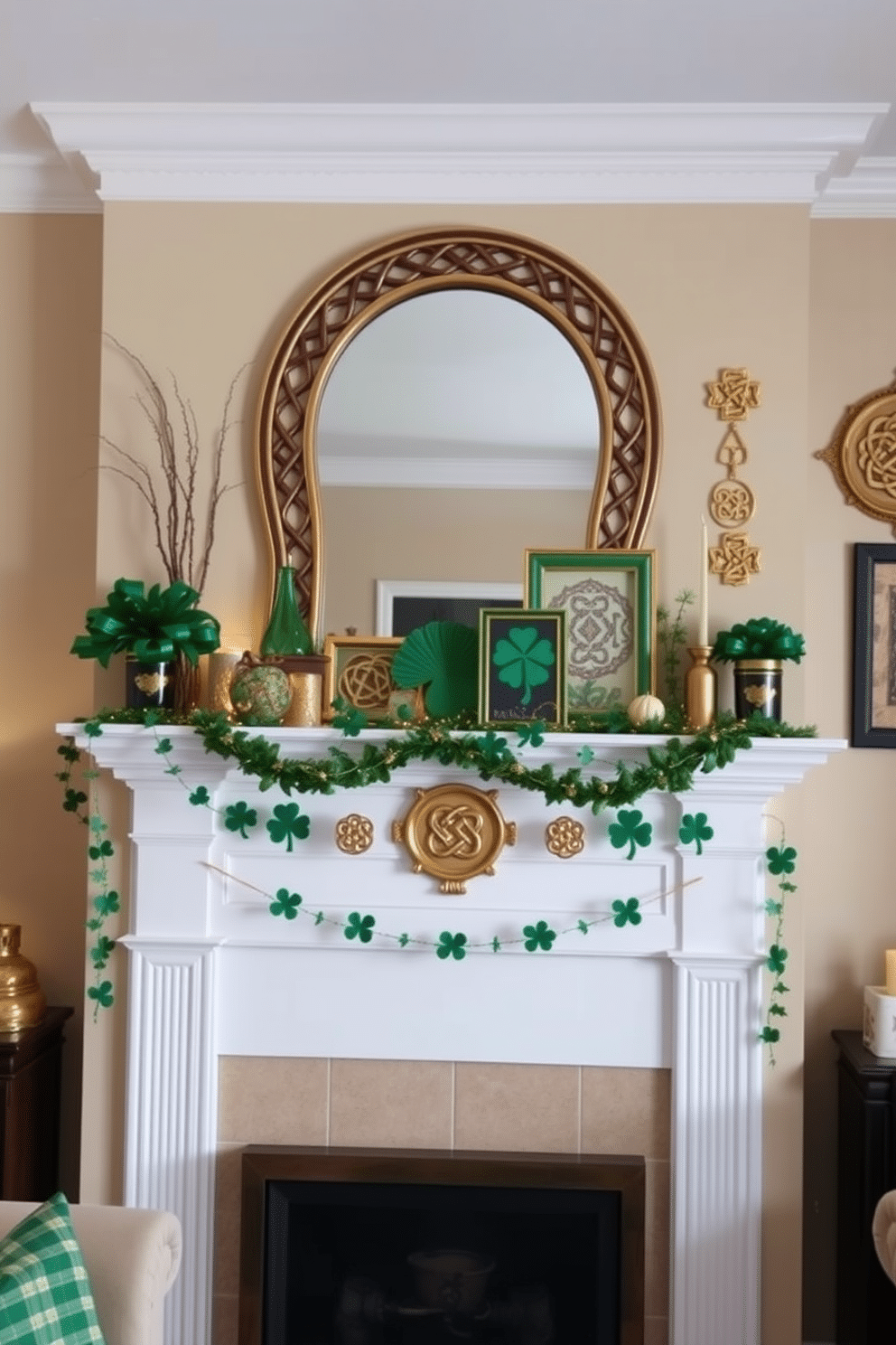 A cozy living room adorned with Celtic knot decorations. The mantel is beautifully decorated for St. Patrick's Day, featuring an array of green and gold accents, including garlands of shamrocks and intricate knotwork art pieces. Above the mantel, a large mirror reflects the festive decor, enhancing the warm ambiance. Soft, ambient lighting highlights the details of the Celtic knots, creating a welcoming atmosphere perfect for celebrating the holiday.