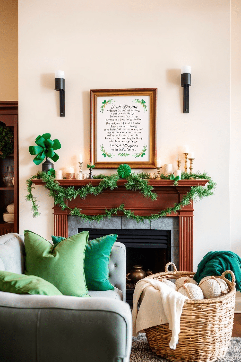 A cozy living room adorned with Irish blessing framed art above the mantel, creating a warm and inviting atmosphere. The mantel is decorated with seasonal St. Patrick's Day accents, including green and gold garlands, small shamrock figurines, and flickering candles for a touch of elegance. The walls are painted in a soft cream color to complement the artwork, while the mantel itself is a rich mahogany that adds depth to the space. Plush green pillows on the sofa invite relaxation, and a woven basket filled with cozy throws sits nearby, enhancing the festive yet comfortable vibe.