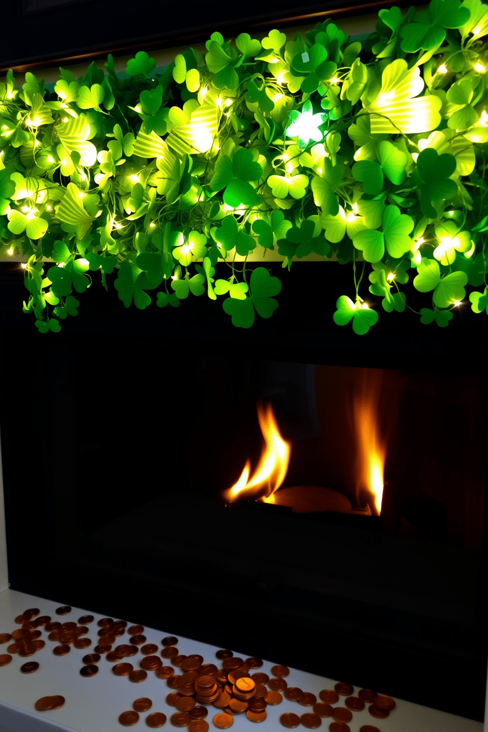 A festive mantel decorated for St. Patrick's Day features a scattering of gold coins, glimmering under soft lighting. Above the mantel, a vibrant green garland adorned with shamrocks and twinkling fairy lights creates a cheerful atmosphere.