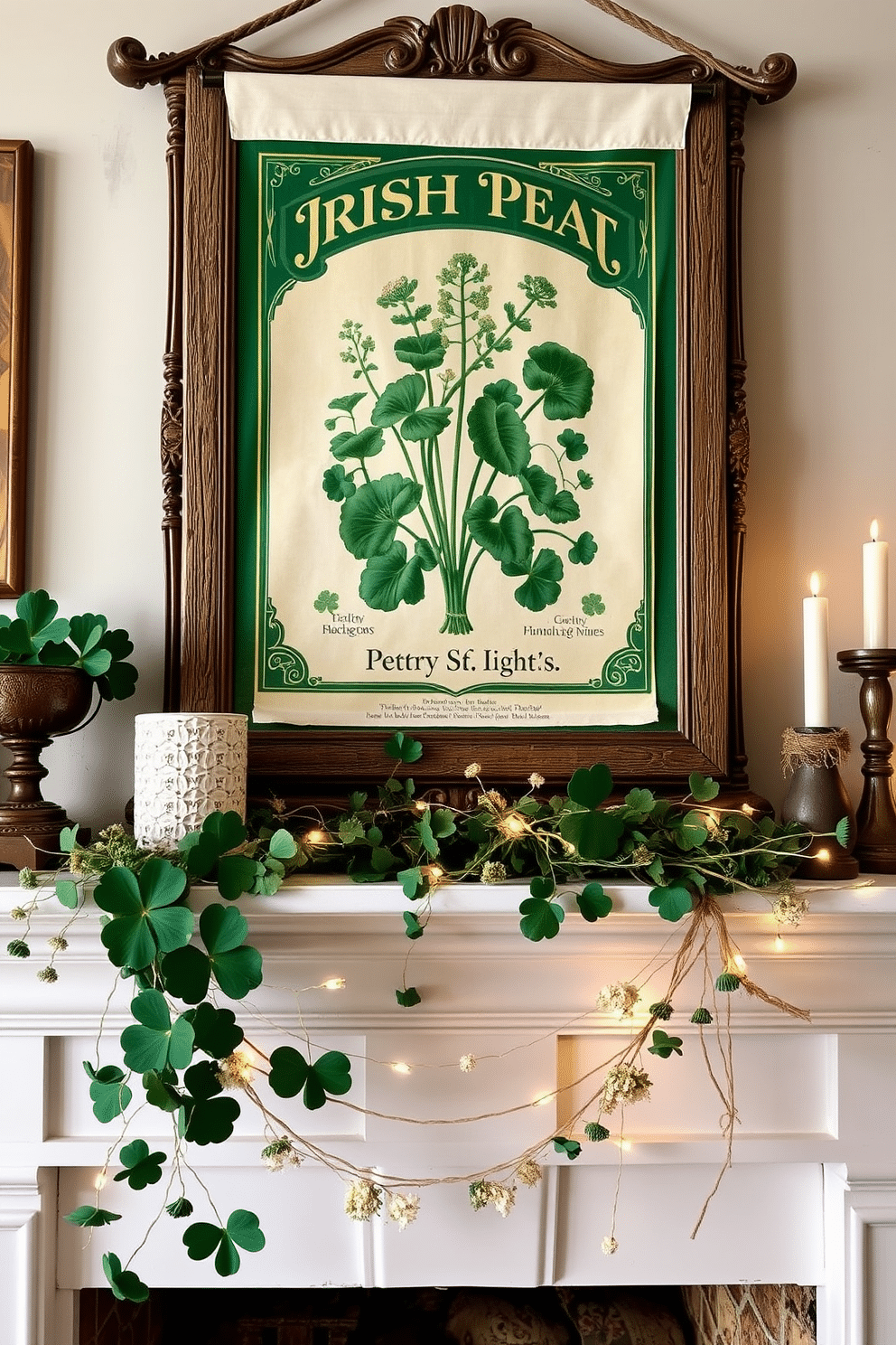 A vintage Irish seed pack banner features intricate botanical illustrations of traditional Irish plants, framed by ornate, weathered wood. The design incorporates a rich green color palette with gold accents, evoking a sense of nostalgia and celebration for St. Patrick's Day. The mantel is adorned with a charming arrangement of seasonal decor, including handcrafted shamrocks and delicate fairy lights. A rustic garland made of twine and dried flowers drapes elegantly, enhancing the festive atmosphere while maintaining a cozy, vintage feel.