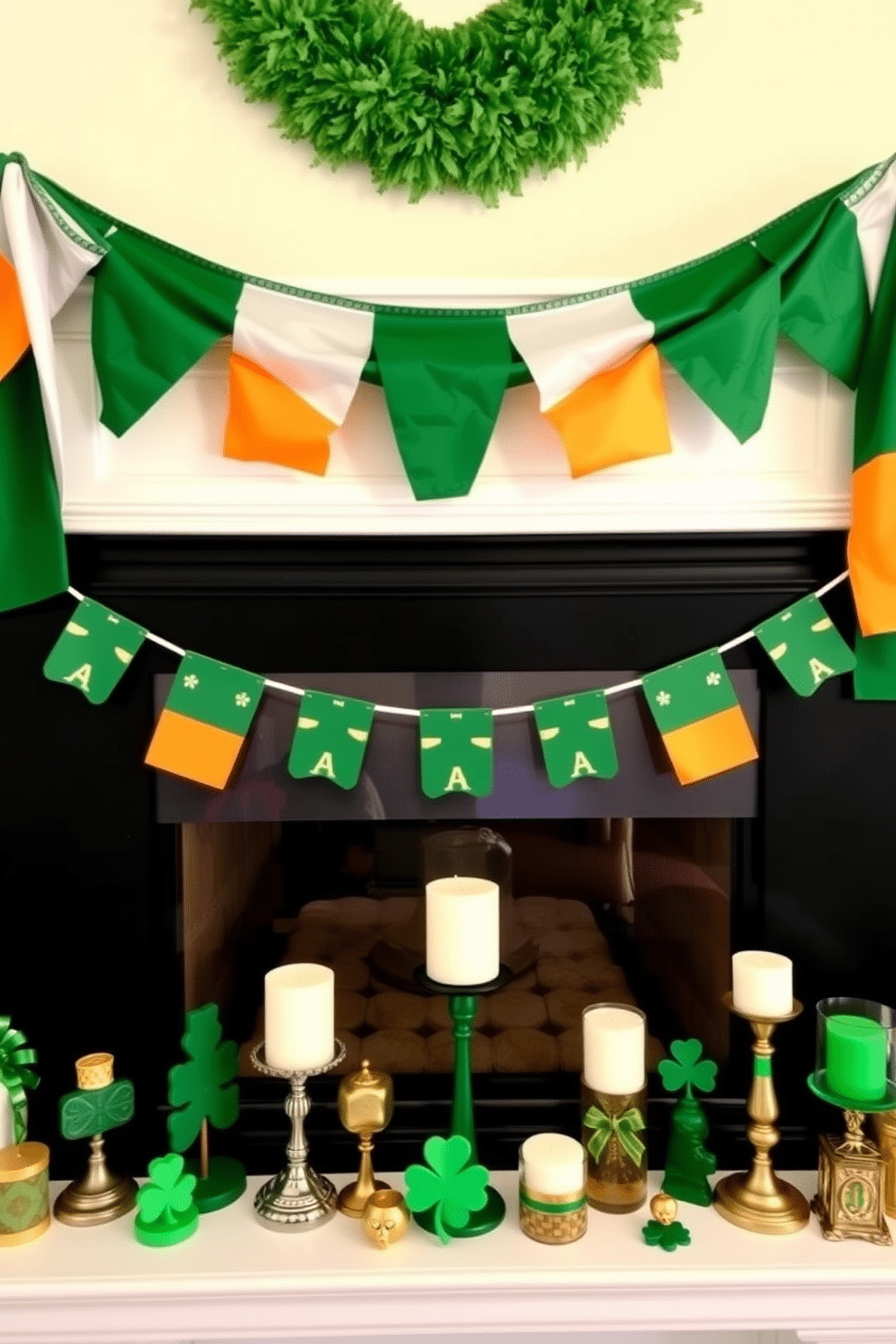 A festive St. Patrick's Day mantel decorated with vibrant Irish flag bunting, draping elegantly across the top. Below the bunting, a collection of green and gold accents, including shamrock figurines and candles, create a cheerful holiday atmosphere.