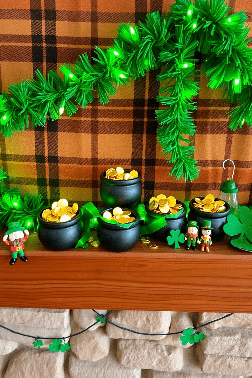 A charming display of miniature pots of gold sits atop a rustic wooden mantel, adorned with vibrant green garlands and twinkling fairy lights. Each pot is filled with sparkling gold coins, creating a festive atmosphere perfect for St. Patrick's Day celebrations. Surrounding the pots are whimsical leprechaun figurines and cheerful shamrock decorations, enhancing the playful theme. The backdrop features a cozy plaid fabric that complements the rich colors of the holiday, inviting warmth and cheer into the space.