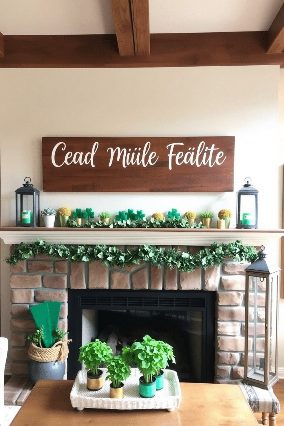 A cozy living room adorned with rustic wooden signs featuring charming Irish sayings. The mantel is decorated for St. Patrick's Day, showcasing a mix of green and gold accents, along with small potted shamrocks and a festive garland. Above the mantel, a large wooden sign reads 