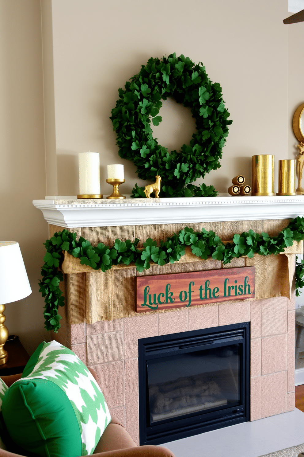 A cozy living room adorned for St. Patrick's Day, featuring a burlap-covered mantel decorated with gold accents. The mantel is embellished with a garland of green shamrocks, gold-leafed candles, and a rustic wooden sign that reads 