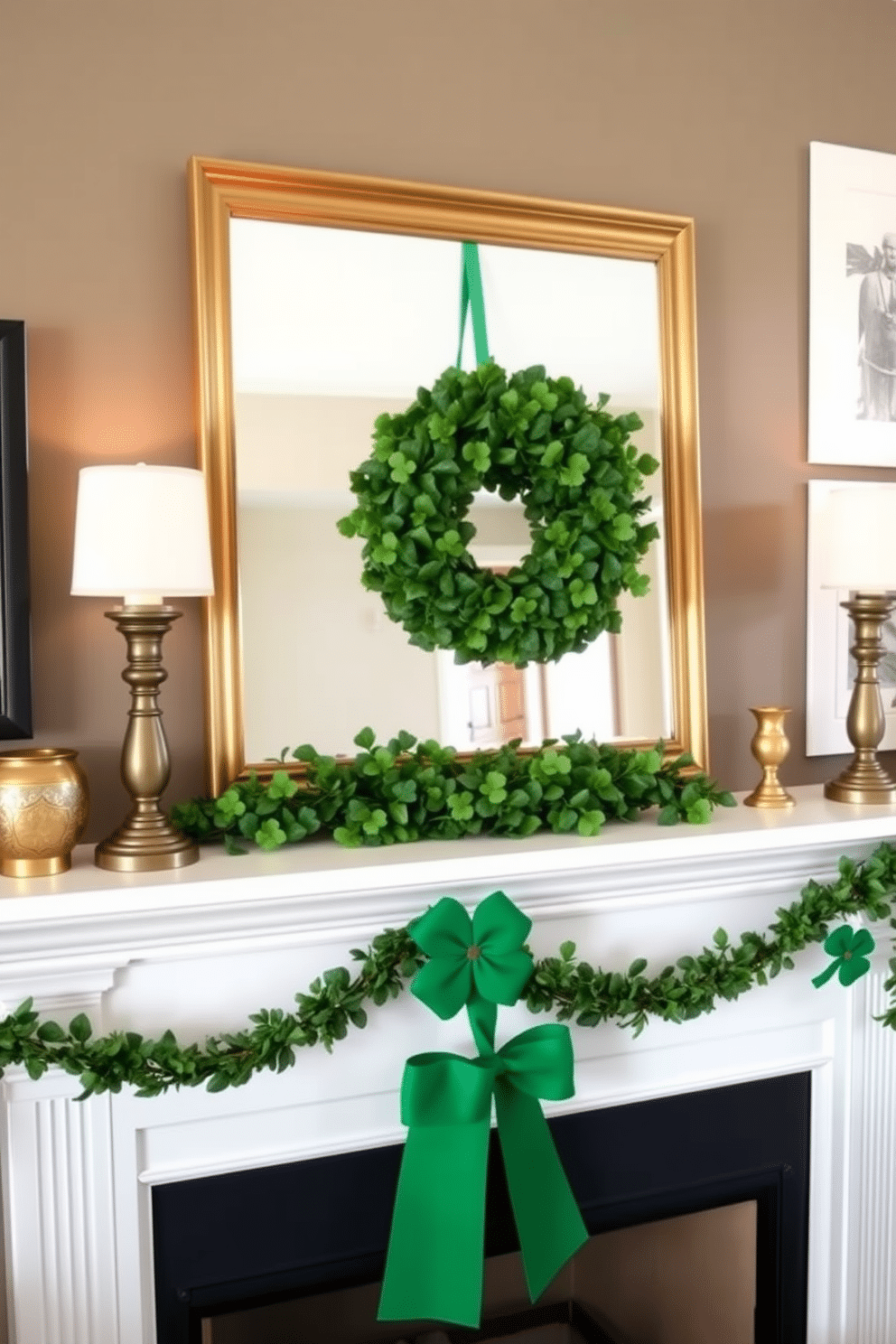 A charming mantel decorated for St. Patrick's Day features a lush boxwood wreath adorned with vibrant shamrocks, creating a festive focal point. The mantel is complemented by soft, warm lighting and a few decorative gold accents that enhance the holiday spirit.