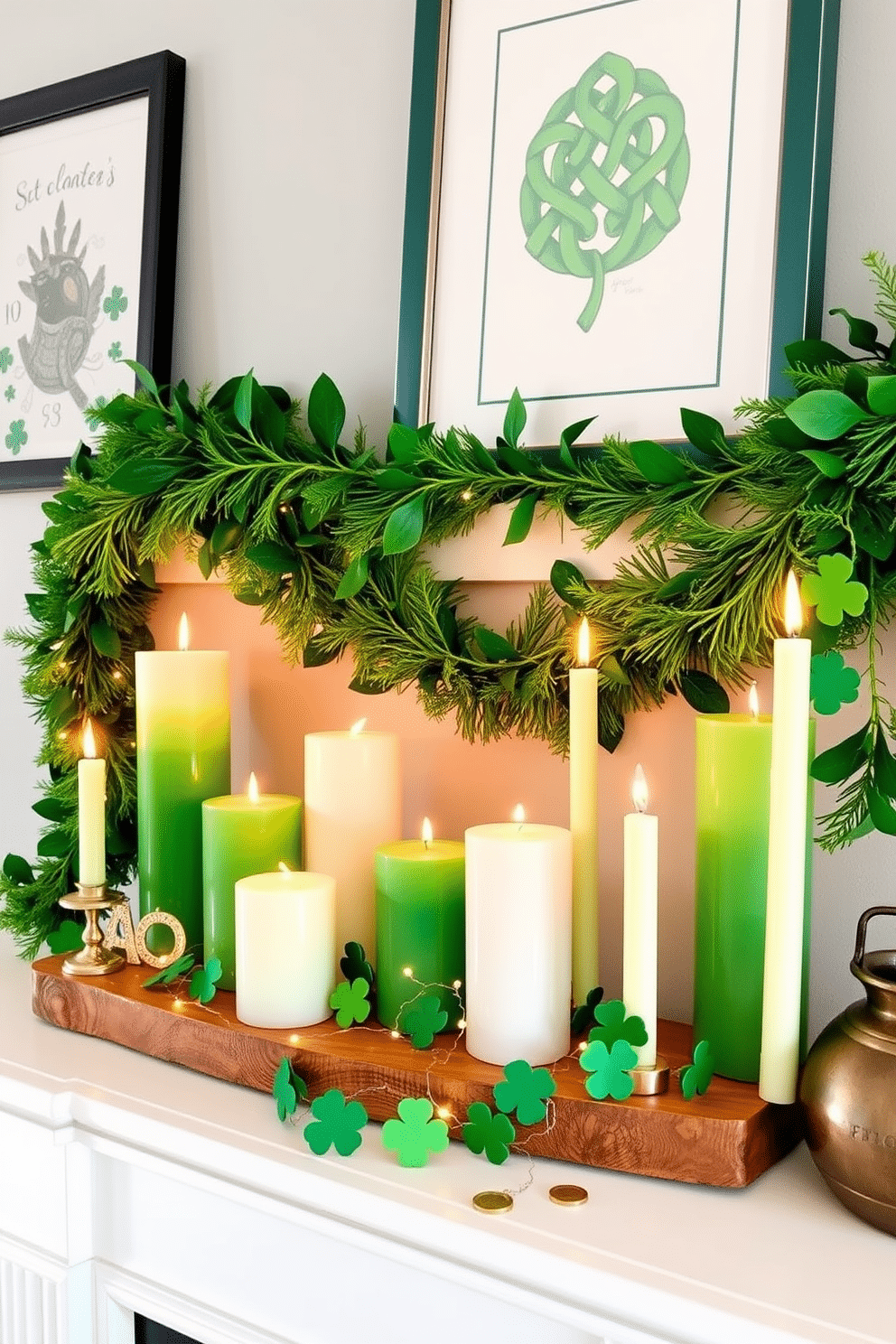 A charming mantelpiece decorated for St. Patrick's Day features an array of green and white candles in varying heights, creating a warm and inviting atmosphere. The candles are arranged on a rustic wooden tray, accented by small shamrock decorations and delicate fairy lights that twinkle softly. Above the mantel, a vibrant garland of faux greenery and gold accents adds a festive touch, while a framed print of a Celtic knot complements the theme. A few decorative stones and a small pot of gold coins complete the display, enhancing the celebratory spirit of the holiday.