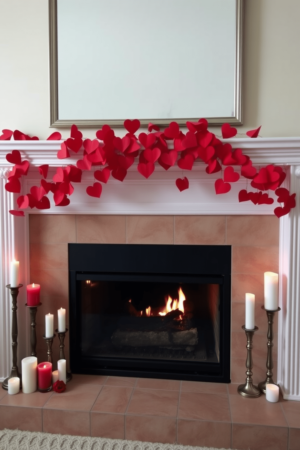 A charming mantel decorated for Valentine's Day features a vibrant red heart garland draped elegantly across the top. Flanking the garland are an assortment of candles in varying heights, casting a warm and inviting glow throughout the space.