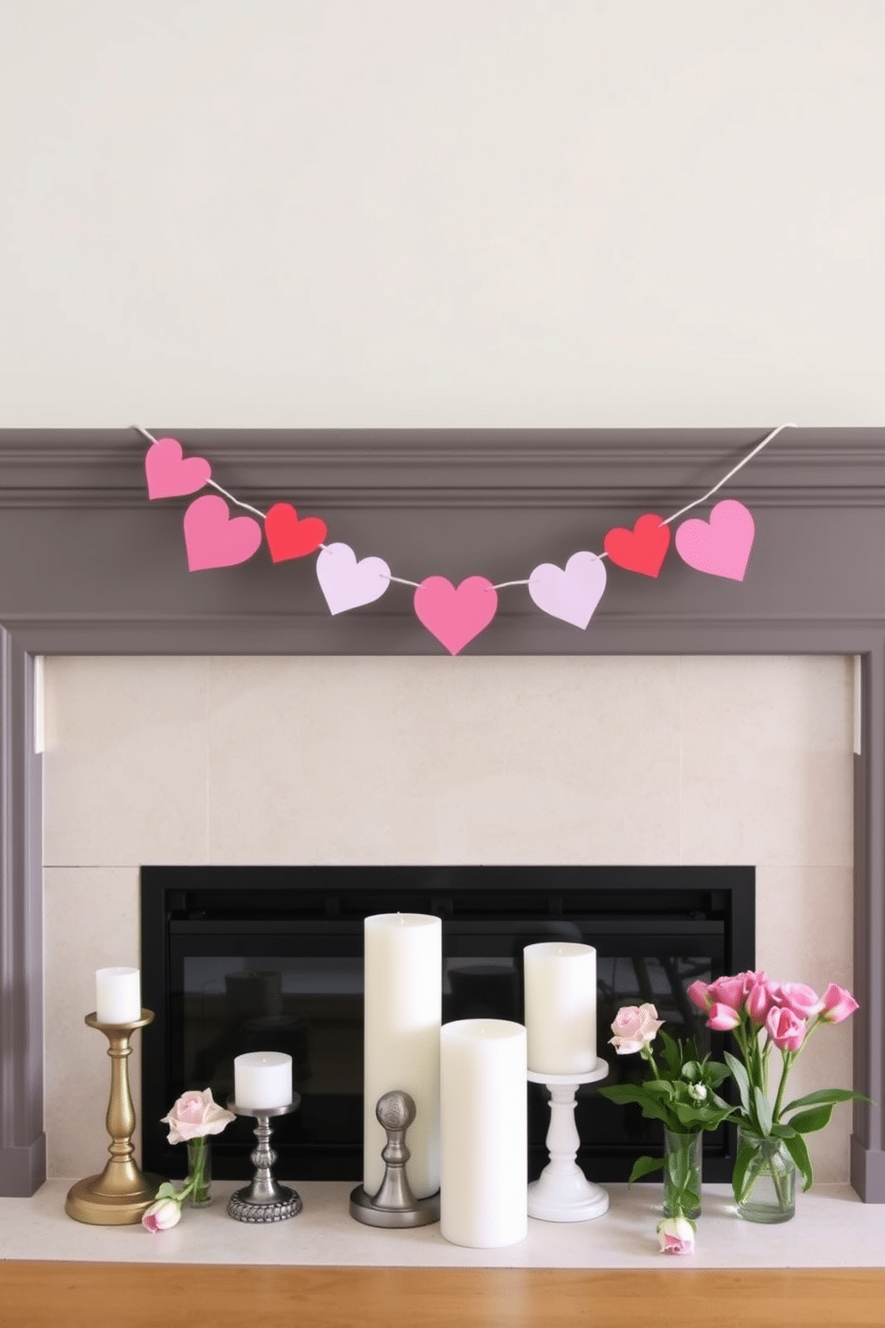 A charming mantel decorated for Valentine's Day features a whimsical bunting made of pink and red hearts strung across the top. Below the bunting, a collection of candles in varying heights sits alongside small floral arrangements of fresh roses and tulips in pastel shades.