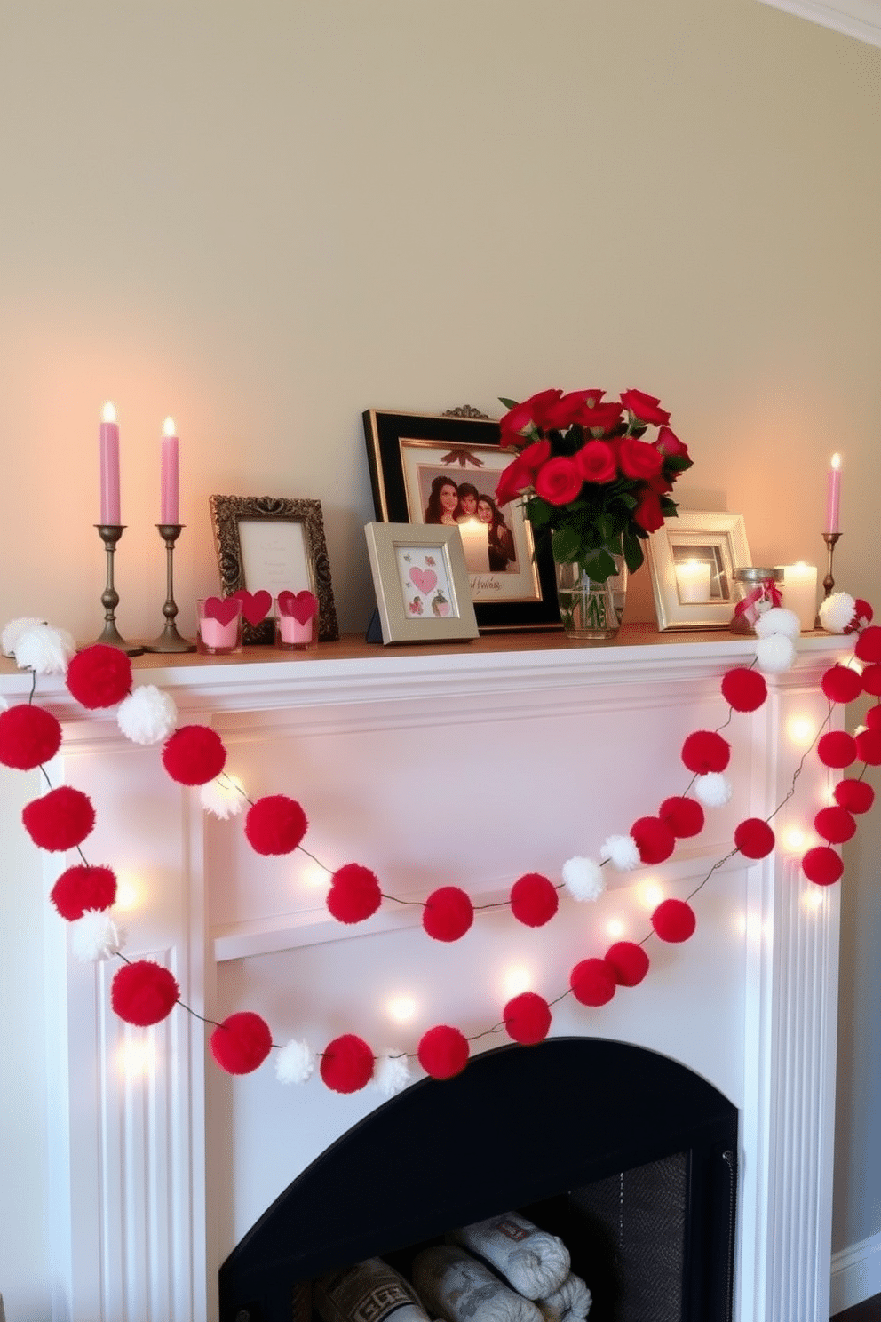 A charming mantel adorned with a white and red pom-pom garland creates a festive atmosphere for Valentine's Day. The garland drapes elegantly across the mantel, complemented by small decorative hearts and flickering candles for added warmth. On the mantel, a collection of romantic picture frames and a vase filled with fresh red roses add a personal touch. Soft fairy lights interwoven with the garland enhance the cozy, inviting feel of the space.