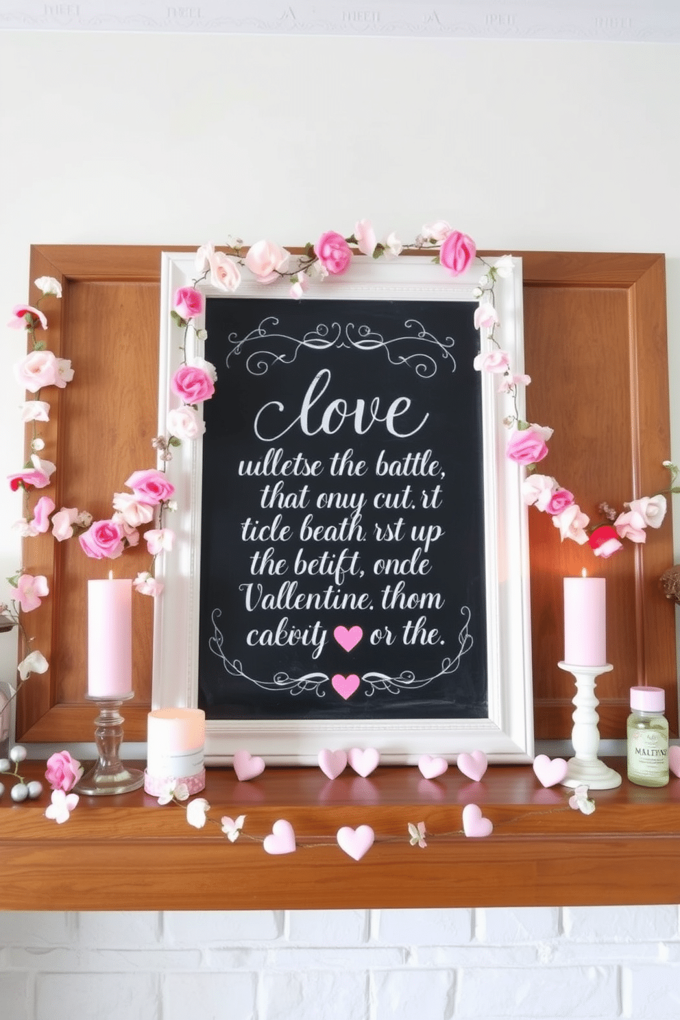 A charming mantel decorated for Valentine's Day features a large chalkboard displaying a heartfelt love quote in elegant script. Surrounding the chalkboard are delicate garlands of faux flowers, soft pink candles, and small decorative hearts, creating a warm and inviting atmosphere.