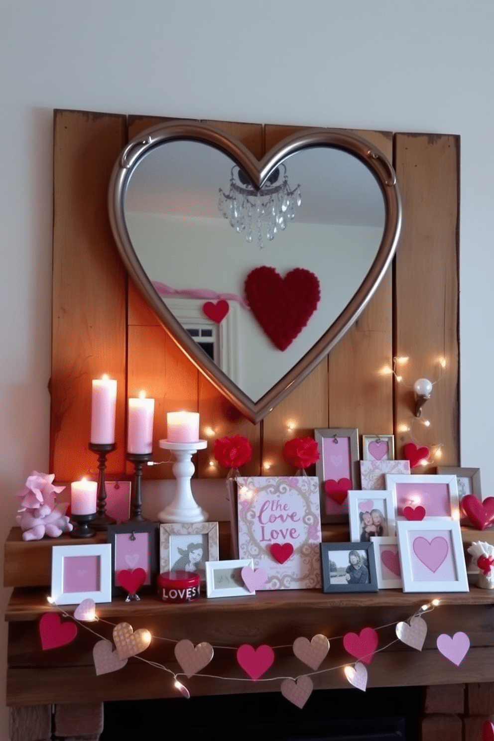 A charming Valentine's Day setting featuring a heart-shaped mirror above a rustic mantel. The mantel is adorned with an array of soft pink and red decorations, including candles, fairy lights, and a collection of love-themed art pieces.