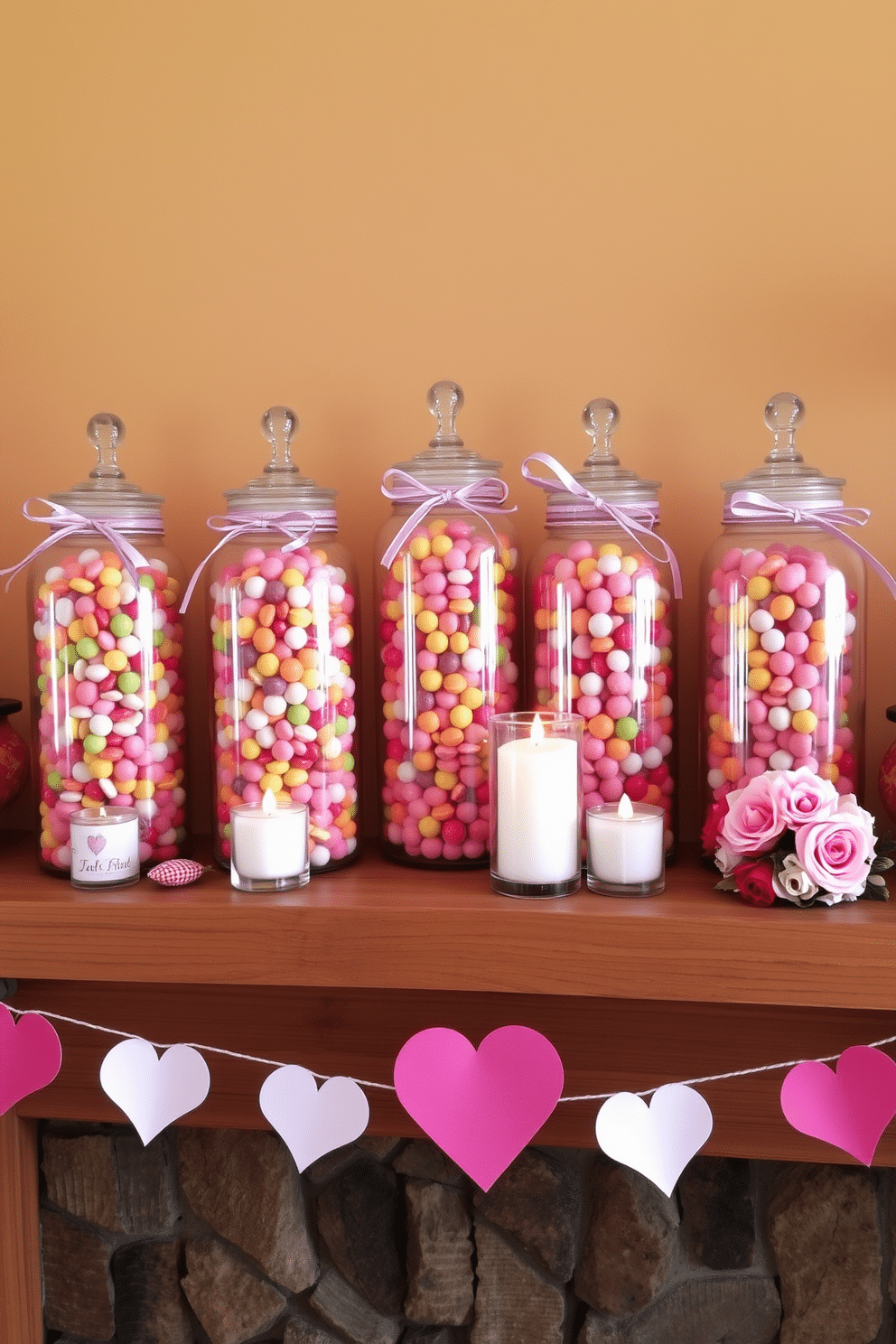 A charming display of candy-filled glass jars sits on a rustic wooden mantel, creating a festive atmosphere for Valentine's Day. Each jar is filled with an assortment of colorful candies, with delicate ribbons tied around their necks, enhancing the cheerful decor. Surrounding the jars are soft, romantic accents like heart-shaped candles and floral arrangements in shades of pink and red. The backdrop features a warm, neutral wall color that complements the vibrant hues of the candies and decorations, creating a cozy and inviting setting.