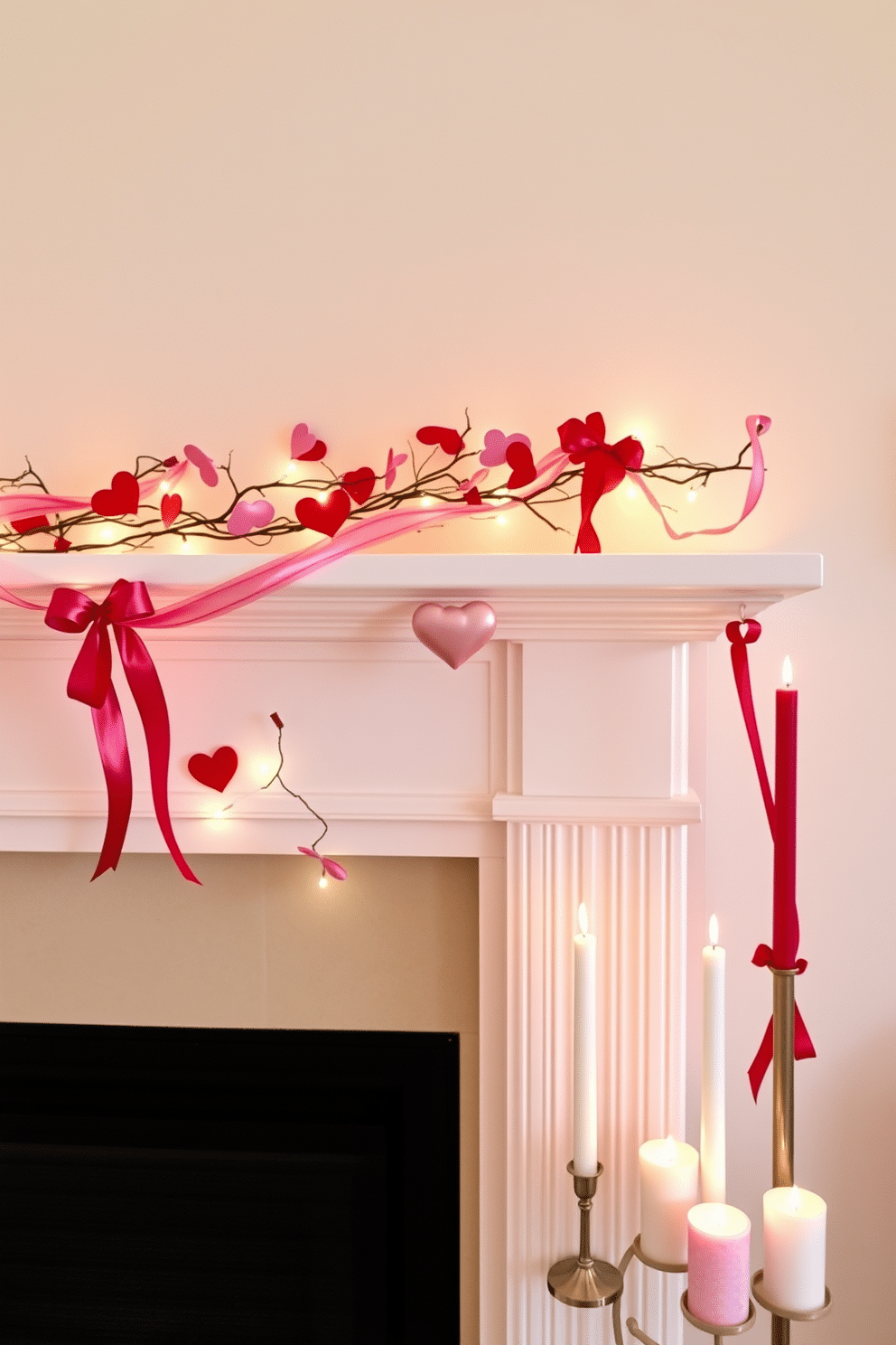 A charming mantel decorated for Valentine's Day, featuring pink and red ribbon accents elegantly draped along the edges. Heart-shaped garlands interspersed with twinkling fairy lights create a warm and inviting atmosphere, while a collection of romantic candles in varying heights adds a soft glow.