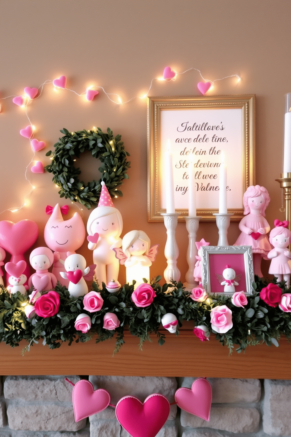 A charming mantel adorned for Valentine's Day features an array of whimsical figurines, including heart-shaped characters and playful cupids. Soft pink and red accents dominate the decor, with delicate fairy lights intertwined among the figurines, creating a warm and inviting atmosphere. The backdrop is a rustic wooden mantel, complemented by a garland of faux greenery and roses. A few decorative candles in varying heights add a romantic glow, while a heartfelt quote in an elegant frame completes the festive look.