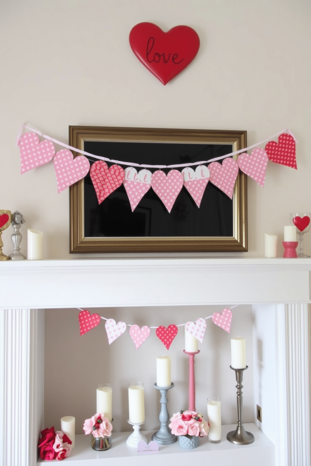 A charming Valentine's Day mantel display adorned with heart-patterned fabric bunting that drapes gracefully across the front. The mantel is decorated with an assortment of candles in various heights, surrounded by small floral arrangements in soft pinks and reds.