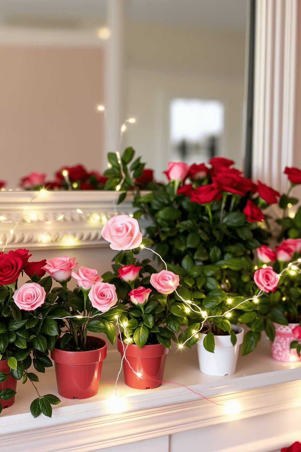 A charming mantel adorned for Valentine's Day features a collection of miniature potted roses in varying shades of pink and red. Delicate fairy lights weave through the greenery, creating a warm and inviting glow that enhances the romantic atmosphere.