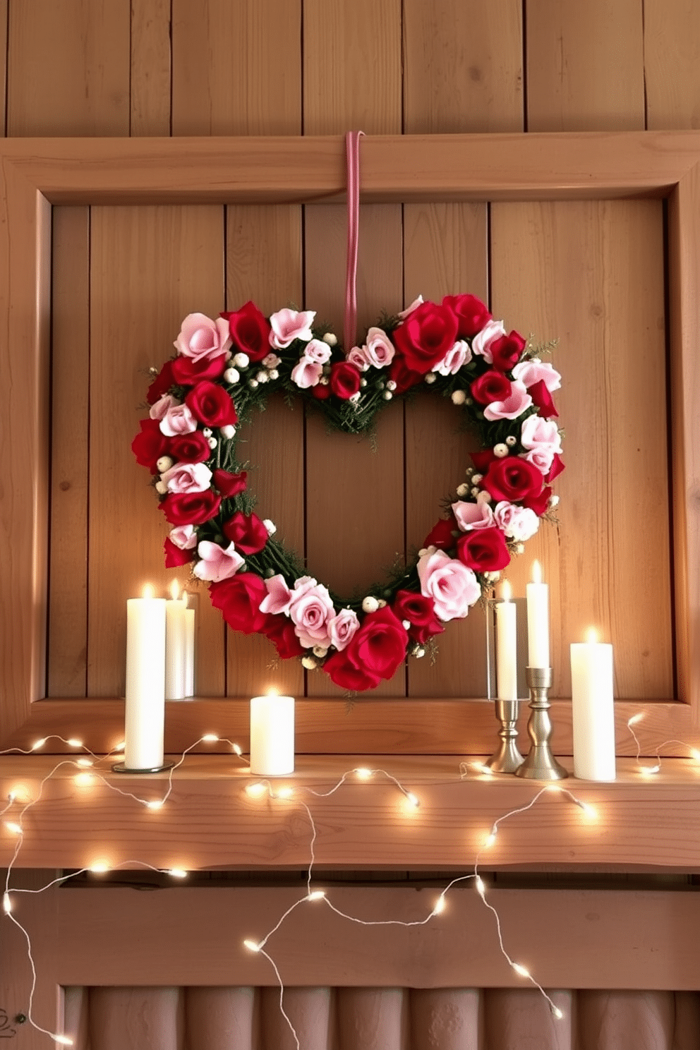 A heart-shaped wreath adorned with red and pink flowers hangs gracefully on a rustic wooden mantel. The mantel is decorated with soft white candles of varying heights, complemented by delicate fairy lights that add a warm glow to the Valentine's Day setting.