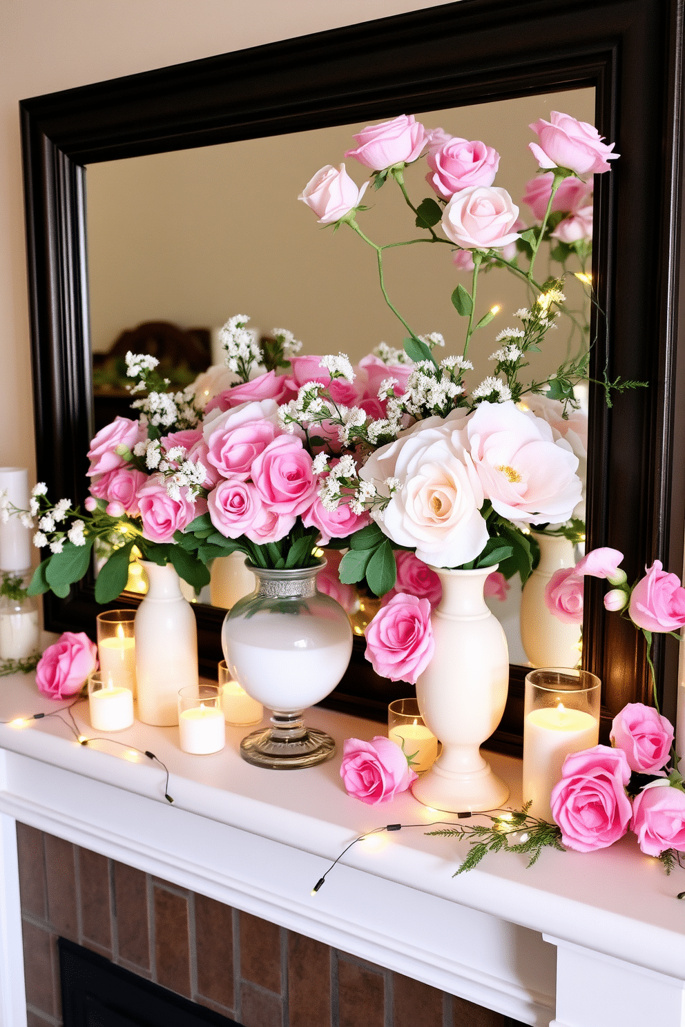 A charming mantel adorned with pink and white floral arrangements creates a romantic atmosphere for Valentine's Day. Delicate blooms in varying shades of pink are artfully arranged in elegant vases, complemented by soft greenery and twinkling fairy lights for a warm glow.