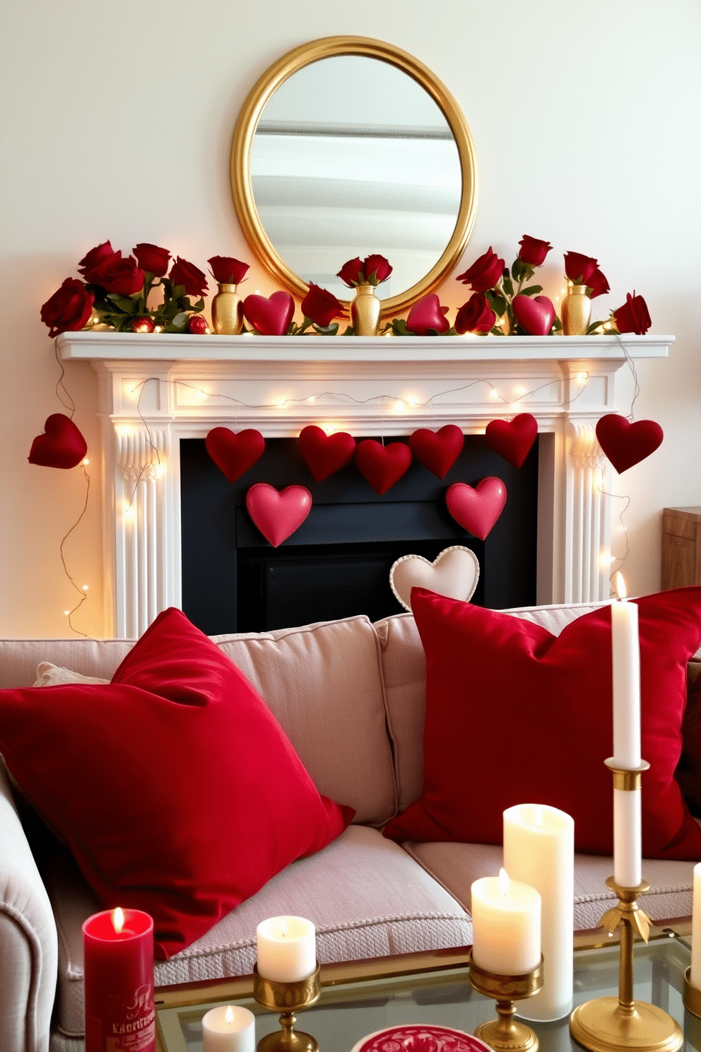 A cozy living room setting adorned for Valentine's Day, featuring a beautifully styled mantel. The mantel is decorated with lush red roses in elegant gold vases, complemented by twinkling fairy lights and heart-shaped ornaments. Rich red and gold throw pillows are arranged on a plush sofa, enhancing the romantic ambiance. A collection of scented candles in gold holders flickers softly, casting a warm glow across the room.