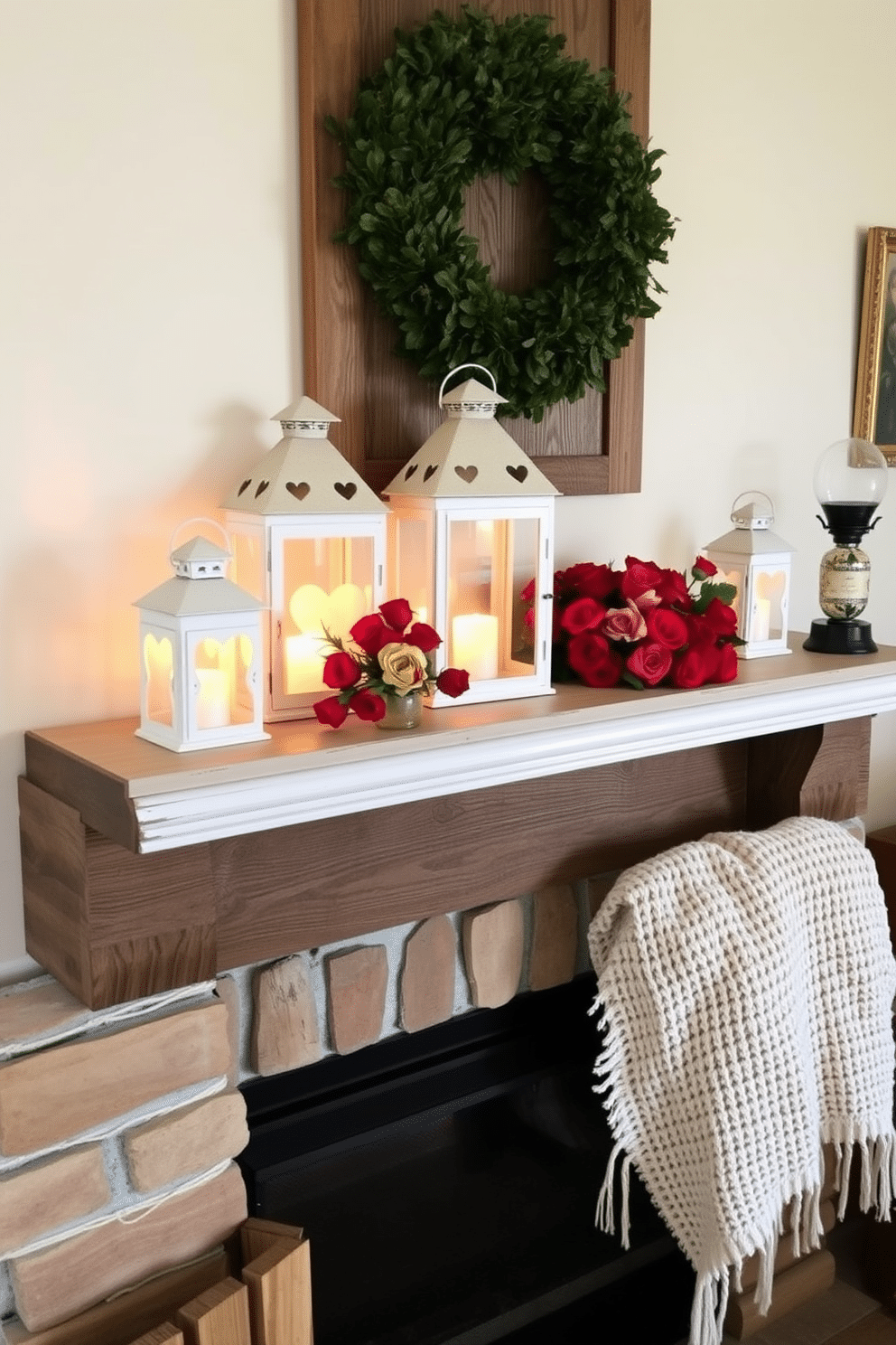 A cozy living room setting adorned for Valentine's Day. The focal point is a rustic mantel decorated with charming lanterns featuring heart cutouts, casting a warm glow across the room. On the mantel, clusters of red and pink flowers are arranged alongside the lanterns. A soft, knitted throw blanket drapes over the edge, adding a touch of warmth and comfort to the romantic atmosphere.