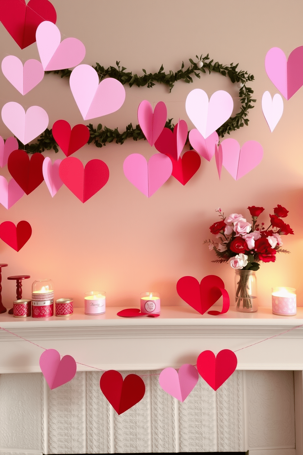 A charming mantel decorated for Valentine's Day features an array of handmade paper hearts in various shades of red and pink, gracefully strung across the mantle. Soft, warm lighting highlights the delicate textures of the paper, creating an inviting atmosphere perfect for the holiday. On one side of the mantel, a collection of small, decorative candles in heart-shaped holders adds a romantic touch, while on the other side, a whimsical arrangement of fresh flowers complements the paper hearts. The backdrop is adorned with a subtle garland of greenery, enhancing the overall warmth and love of the setting.