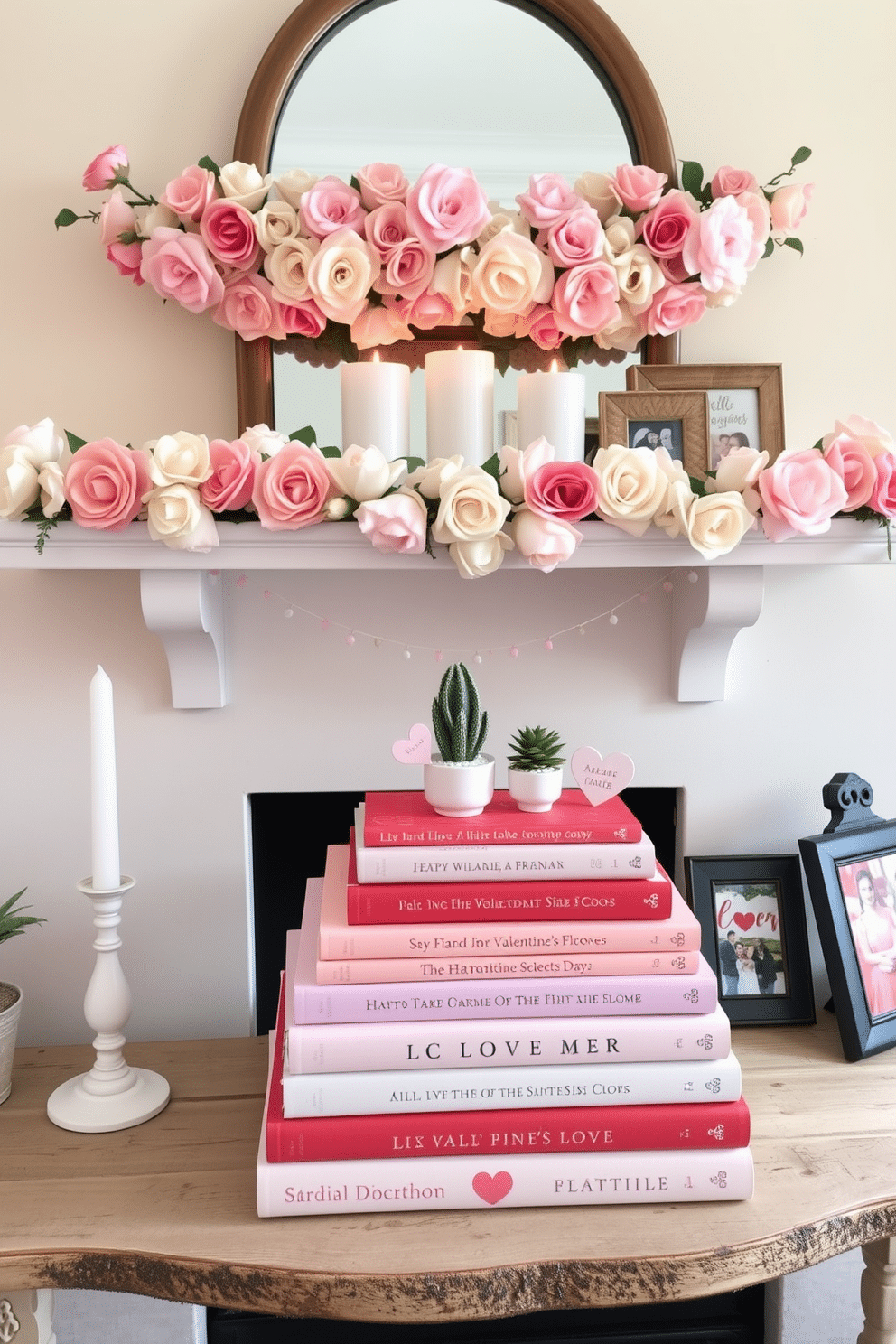 A charming display of love-themed books stacked artfully on a rustic wooden shelf. The books, adorned with soft pink and red covers, are interspersed with delicate heart-shaped decorations and small potted plants for a fresh touch. Above the stack, a beautifully styled mantel features a garland of faux flowers in shades of blush and cream. Accented with candles of varying heights and romantic photo frames, the mantel radiates warmth and invites a cozy atmosphere for Valentine's Day.