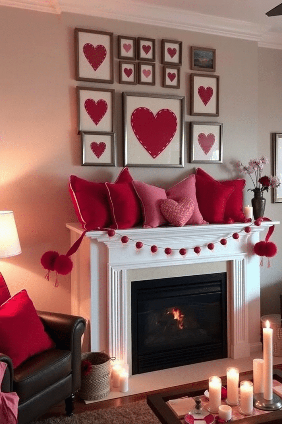 A cozy living room setting adorned with a stylish mantel. The mantel is decorated with an array of red and pink throw pillows, creating a warm and inviting atmosphere for Valentine's Day. Above the mantel, a collection of heart-themed artwork adds a romantic touch. Soft, ambient lighting enhances the cozy vibe, while a few candles flicker gently, completing the festive decor.