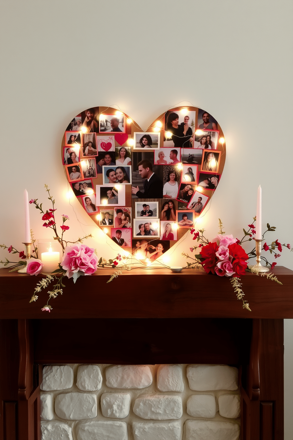 A heart-shaped photo collage is displayed on a rustic wooden mantel, featuring cherished memories in a variety of frame styles and colors. Soft fairy lights are intertwined with the photos, creating a warm and inviting glow that enhances the romantic atmosphere for Valentine's Day. Surrounding the collage, delicate floral arrangements in shades of pink and red are artfully placed, adding a touch of natural beauty to the decor. A few decorative candles in varying heights sit on the mantel, casting gentle light and creating a cozy ambiance perfect for celebrating love.