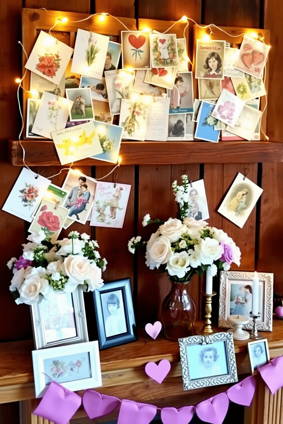 A charming display of vintage love postcards is elegantly arranged on a rustic wooden mantel, showcasing various designs and colors that evoke nostalgia. Soft fairy lights are intertwined among the postcards, adding a warm glow to the scene and enhancing the romantic atmosphere. For Valentine's Day, the mantel is adorned with delicate floral arrangements in pastel hues, complemented by heart-shaped decorations and candles of varying heights. A few framed photos of cherished moments are placed strategically to create a personal touch, making the space feel inviting and heartfelt.