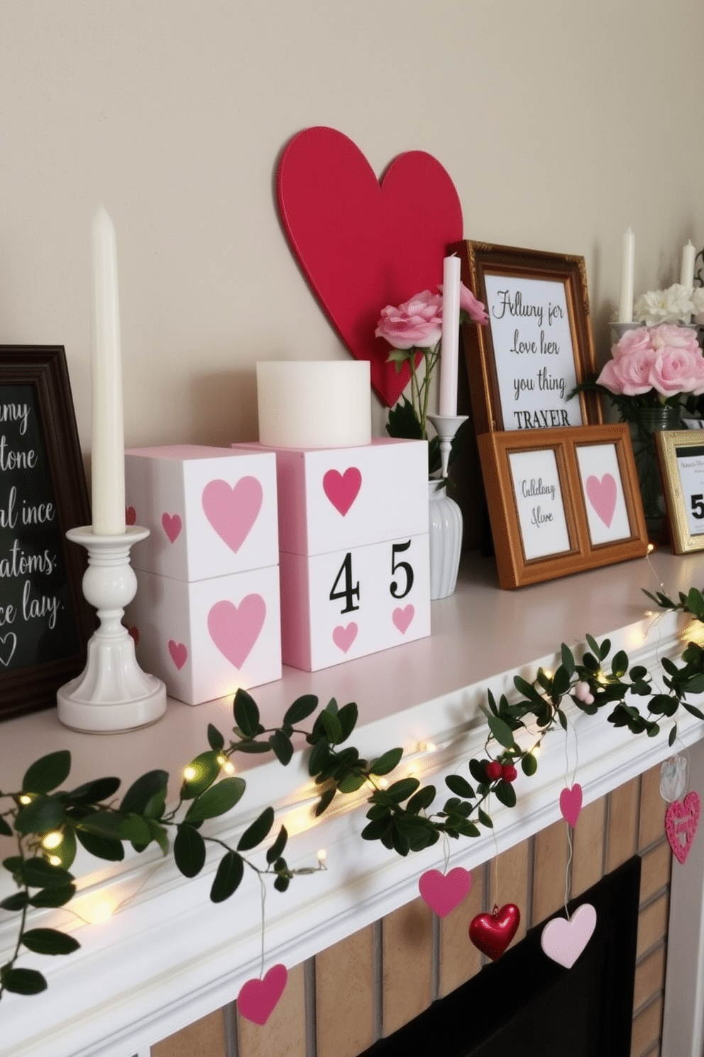 A charming Valentine's Day mantel display features decorative countdown blocks, creatively arranged to highlight the days leading up to the holiday. The blocks are painted in soft pink and white hues, adorned with sweet heart motifs, and positioned alongside a collection of romantic candles and fresh flowers. The mantel is draped with a delicate garland of faux ivy and twinkling fairy lights, enhancing the festive atmosphere. Complementing the countdown blocks, a few framed love quotes and whimsical heart-shaped ornaments add a personal touch to the decor.