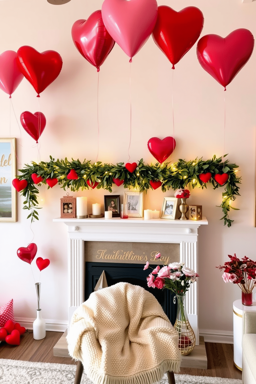 A cozy living room adorned for Valentine's Day, featuring a beautifully decorated mantel. Heart-shaped balloons in shades of red and pink float above, creating a whimsical atmosphere, while a garland of greenery and fairy lights drapes elegantly across the mantel. On the mantel, a collection of decorative items such as candles, framed photos, and small vases filled with fresh flowers adds a personal touch. A soft, warm throw blanket is casually placed on a nearby chair, inviting guests to relax and enjoy the romantic ambiance.