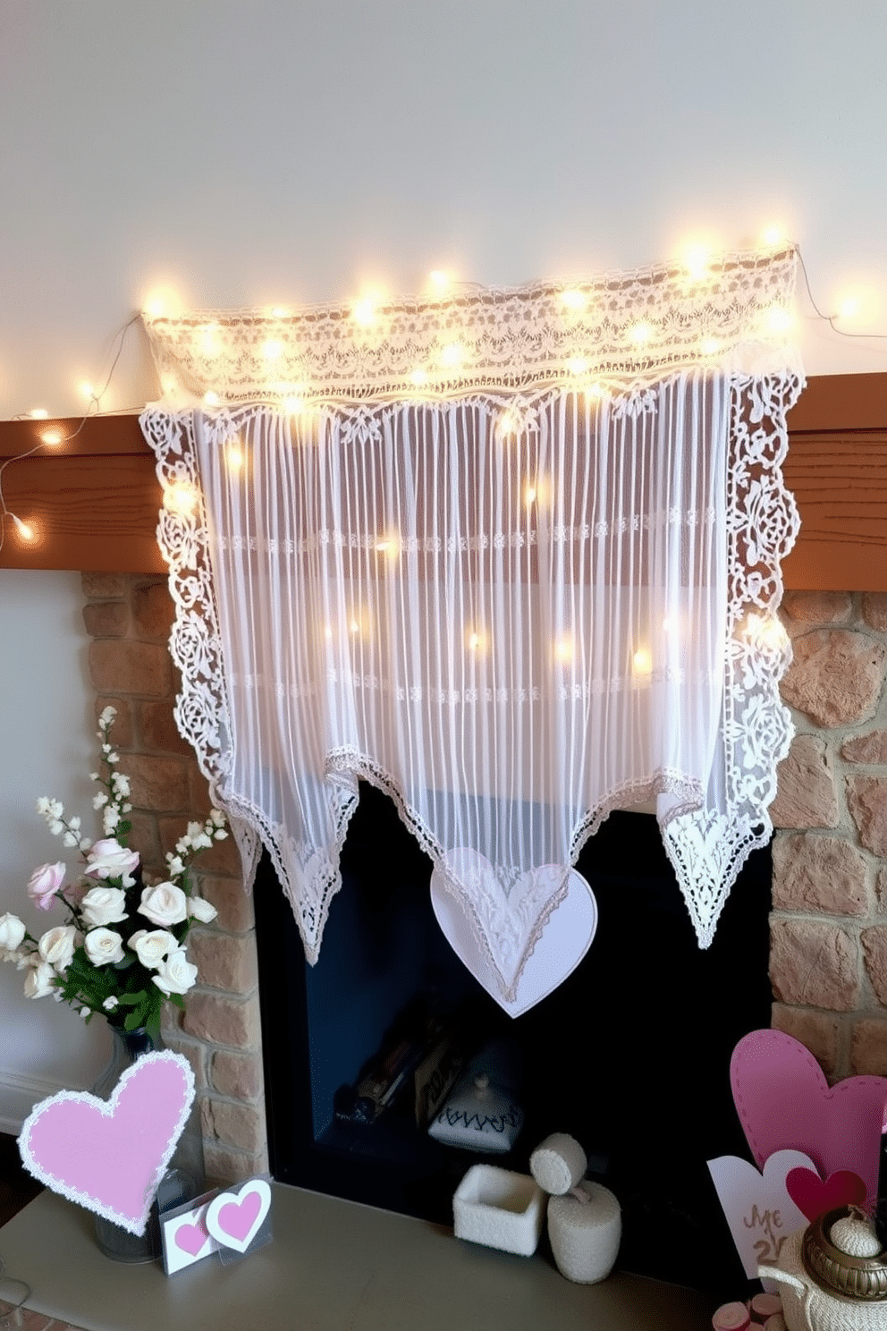 A romantic lace mantle scarf drapes elegantly over a rustic wooden mantel, adorned with soft fairy lights that create a warm glow. Delicate floral arrangements in pastel hues are artfully placed alongside heart-shaped decorations, setting a charming Valentine's Day atmosphere.