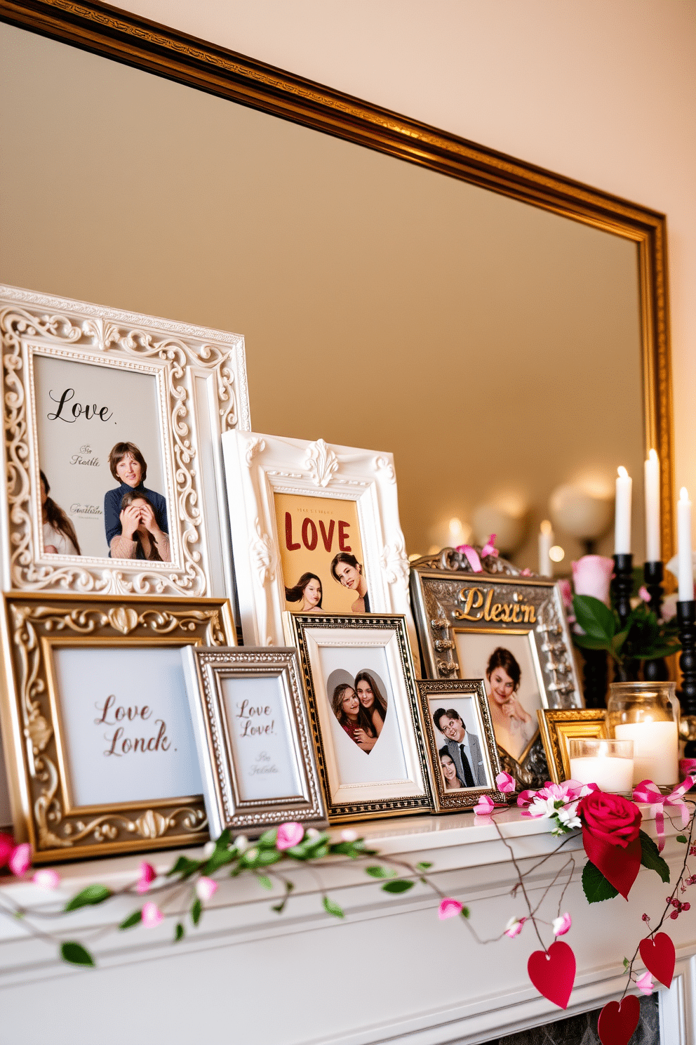 A collection of love-themed photo frames is elegantly arranged on a mantel, showcasing cherished memories in a harmonious display. The frames vary in size and style, featuring intricate designs in soft pastels and metallic finishes that complement the warm ambiance of the room. Adorning the mantel is a delightful arrangement of seasonal decorations for Valentine's Day, including heart-shaped candles and delicate floral arrangements. Soft, romantic lighting illuminates the space, creating an inviting atmosphere perfect for celebrating love.