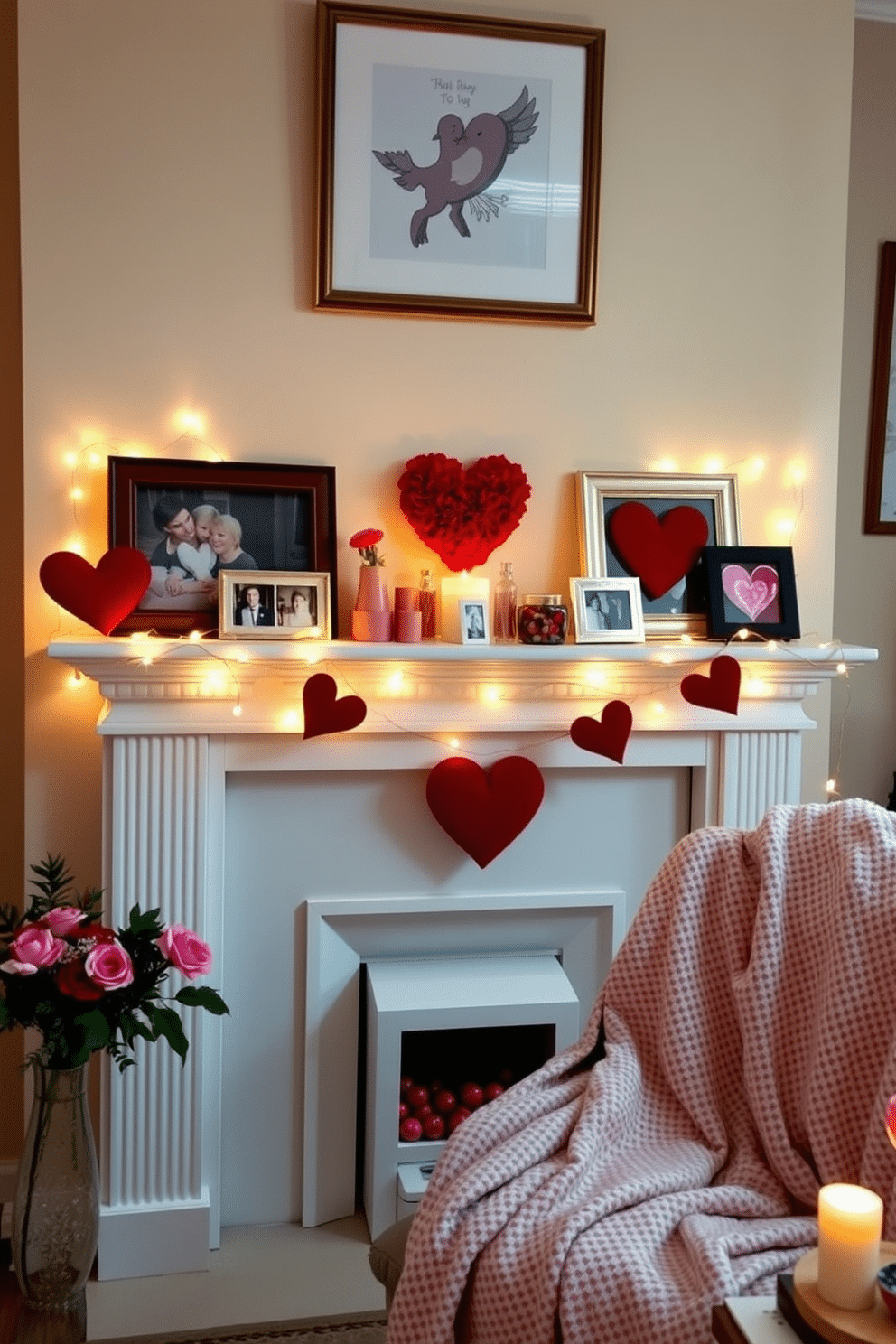 A charming living room setting featuring a beautifully decorated mantel adorned with heart-adorned picture frames. The frames display cherished memories and are complemented by soft, twinkling fairy lights that create a warm, inviting atmosphere. On the mantel, a collection of decorative items in shades of red and pink, including candles and small floral arrangements, adds a festive touch for Valentine's Day. A cozy throw blanket drapes over a nearby chair, enhancing the romantic ambiance of the space.