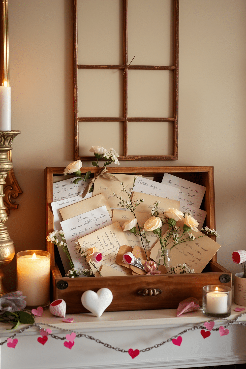 A cozy mantel adorned with vintage love letters and envelopes, artfully arranged in a weathered wooden box. Soft, romantic lighting casts a warm glow over the display, enhancing the nostalgic charm of the handwritten notes and delicate paper. Intertwined with the letters, fresh flowers in pastel hues are placed in small glass vases, adding a touch of color and life. Heart-shaped decorations and candles are scattered throughout, creating a heartwarming Valentine's Day ambiance.