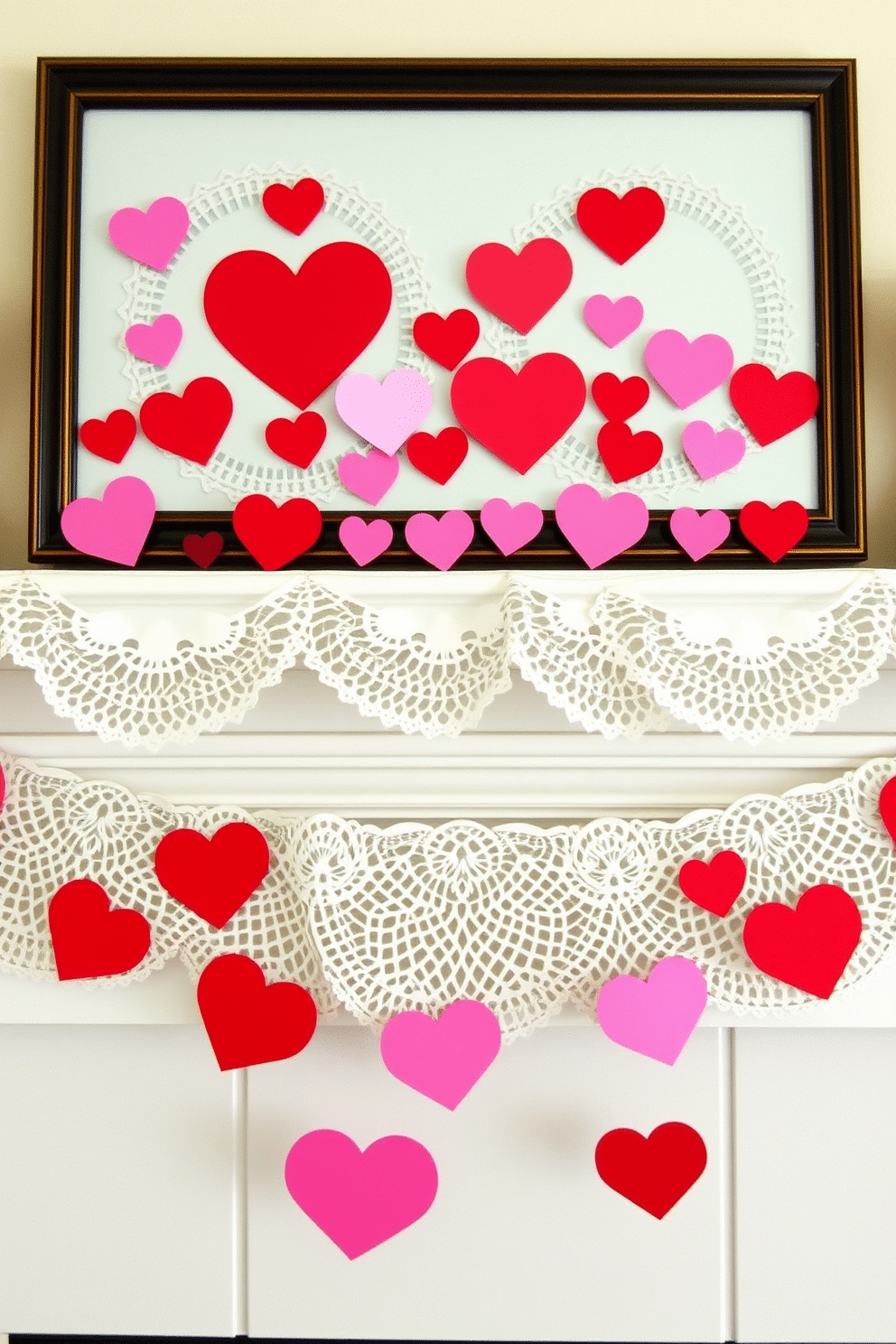 A charming mantel adorned for Valentine's Day features delicate lace doilies layered beneath a collection of heart cutouts in various sizes and shades of red and pink. The doilies add a vintage touch, while the heart cutouts create a playful and romantic atmosphere, perfect for the holiday.