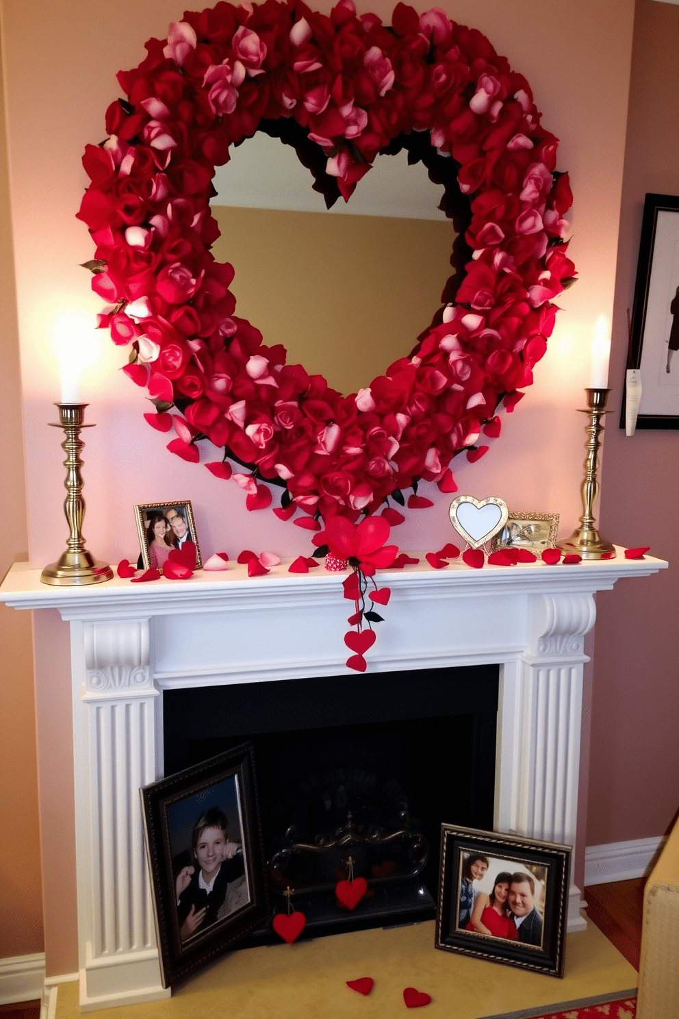 A romantic mantel adorned with a lush rose petal wreath, delicately draping over the edge. Soft candlelight flickers from elegant candlesticks on either side, creating a warm and inviting atmosphere for Valentine's Day. Interspersed among the roses, small heart-shaped decorations in shades of red and pink add a playful touch. A few framed photos of cherished moments are placed on the mantel, enhancing the personal and heartfelt vibe of the decor.