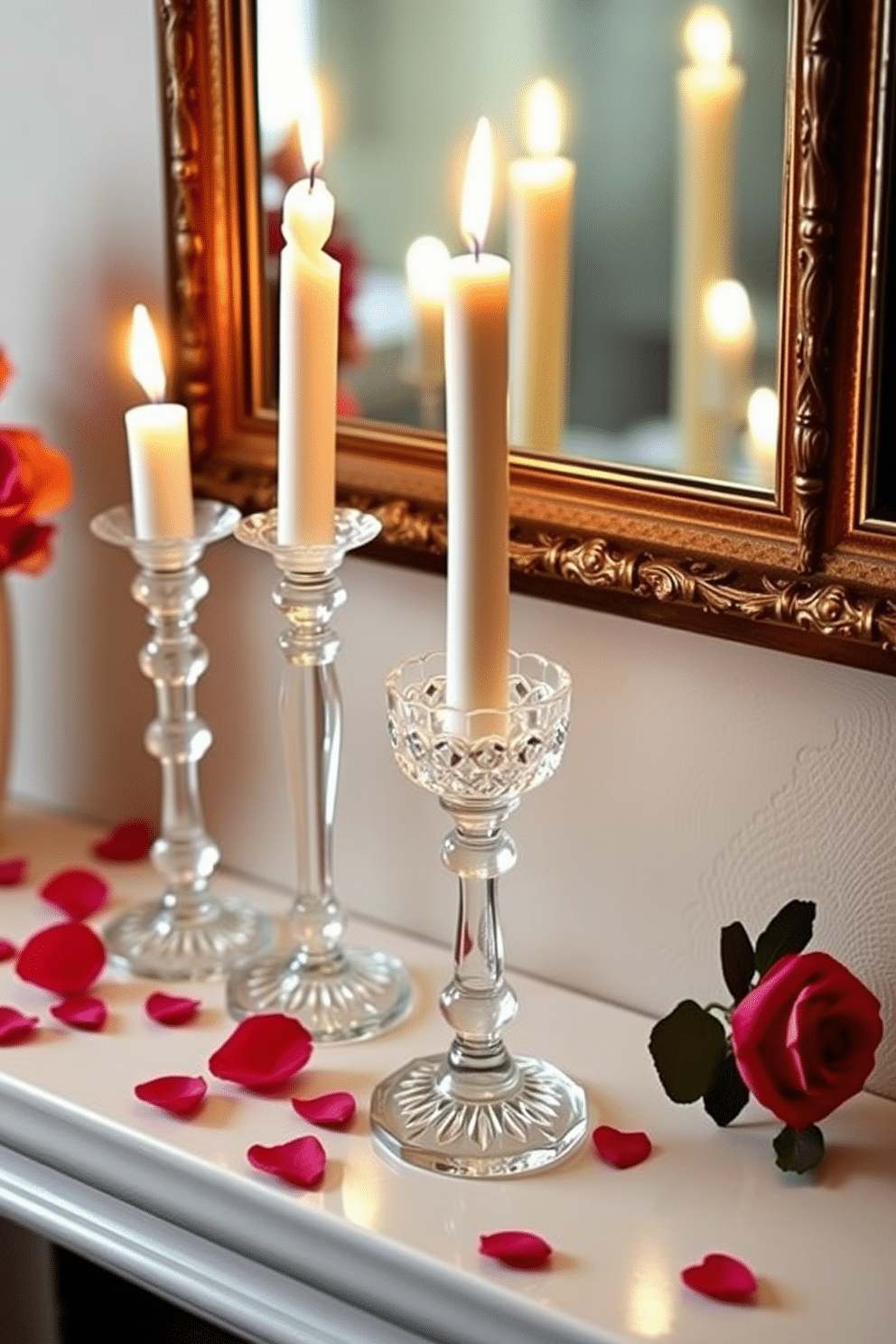 A charming mantel adorned for Valentine's Day features elegant candle holders crafted from delicate glass, each holding a flickering candle that casts a warm glow. Surrounding the candle holders are scattered rose petals and small, heart-shaped decorations that enhance the romantic ambiance.