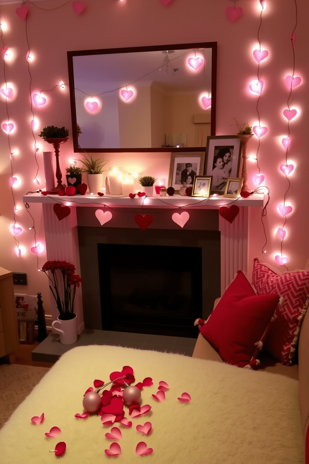 A cozy living room adorned with heart-shaped fairy lights strung across the mantel, casting a warm and inviting glow. The mantel itself is decorated with an assortment of romantic accents, including candles, small potted plants, and framed photos of cherished memories. Soft, plush throw pillows in shades of pink and red are arranged on a nearby sofa, enhancing the Valentine’s Day theme. A collection of heart-shaped ornaments and delicate rose petals scattered across the mantel completes the festive atmosphere, creating a perfect setting for a romantic evening.