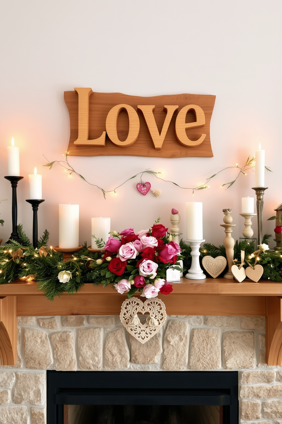 A charming rustic wooden love sign is prominently displayed above a cozy fireplace, crafted from reclaimed wood with intricate carvings and a warm, inviting finish. Surrounding the sign, a collection of soft, flickering candles in varying heights adds a romantic glow, while seasonal greenery and delicate fairy lights drape elegantly across the mantel. For a Valentine's Day decorating theme, the mantel is adorned with a mix of vintage-inspired decor, including heart-shaped garlands and small, handcrafted wooden accents. A cluster of vibrant red and pink flowers in a rustic vase complements the love sign, creating a heartfelt and inviting atmosphere perfect for the holiday.